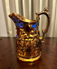 Antique Staffordshire Copper Lustre Dancers Pitcher Blue Enamel 8” Victorian picture