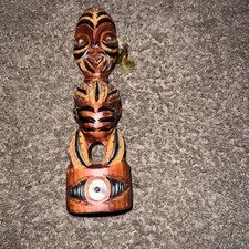 Vintage Hand Carved Maori Tiki Wooden Totem Figure Paua Eyes New Zealand Tribal picture