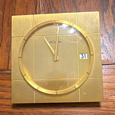 LeCoultre Brass Square Analog Desk Clock, Gold, Date Indicator, Glass picture