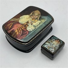 Vintage Russian Lacquer Trinket Box Set Hand Painted Folk Art Kholui Village picture