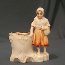 Vintage Porcelain German Match Holder  Woman with Basket Figurine 3.6