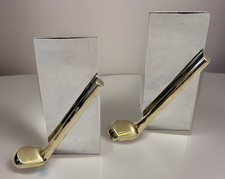 VTG MCM Chrome Golf Club Bookends Office Decor Silver Gold Metal Pair Retro Mod picture