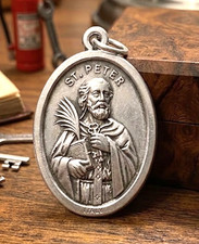 Vintage St. Peter Italy Medal Pendant - Patron of Keys, Fishermen - Silver Plate picture