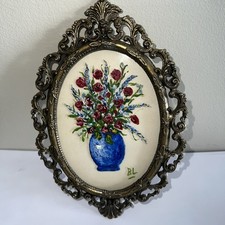 VTG Ornate Oval Brass Italy Hand Painted Art Flower Vase Painting 6.75” As Is picture