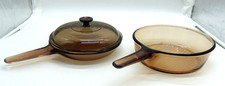 2 Corning Vision Ware Amber Glass 10 Inch Frying Pans & 1 Lid, Waffle Bottoms picture
