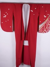 Vintage Hand Sewn Red Silk Japanese Furisode Kimono w/ Sakura Cherry Blossoms picture