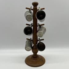 Vintage German SKS Zinn Pewter 6 Shot Glasses  Wood Rack Holder picture