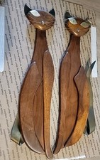 Vintage MCM Pair Siamese Cats 1960's Mid Century Wall Art Brass Copper Teak picture