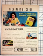 Vintage 1940s SUNSWEET Prunes Magazine Ad Woman Eating Fruit Ephemera picture