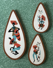 Set of 3 MCM Teardrop Wood Wall Plaques picture