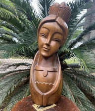 Vintage Monkey Pod Sculpture Woman Girl Lady Wood 18” Hand Carved Bust Statue picture