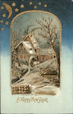 New Year's Snowy Cottage Scene Winter Scene A.S.B. c1900s-10s Vintage Postcard picture