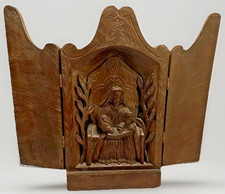 Antique Hand Carved Wood Triptych Shrine St Anne Mary Alter Folk Art Church VTG picture