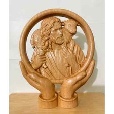 Jesus The Good Shepherd - Wooden carving picture - Religious statue wall decor picture