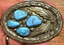 Vintage Ray Nieto Western Americana Turquoise Stone Navajo Belt Buckle Sterling picture