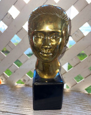 Vintage Gold Tone Metal Head Bust Sculpture Figurine 3D Effect on Black Base picture