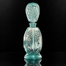 Vintage Aqua Blue Frosted Glass Perfume Bottle Floral Stopper picture
