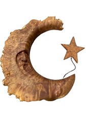 Vintage Hand Carved Burl Wood Man In The Moon Celestial Star Wall Art Sculpture picture