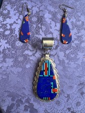 Native American Danial Coriz Inlaid Pendant & Earrings Kewa Pueblo Lapis Lazuli picture