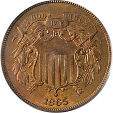 1865 Two Cent Piece, Lustrous Solid Gem BU++ RB, RARE This Nice picture