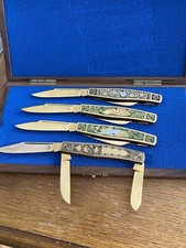Fight’n Rooster Gold Plated & Enamel 3- Blade Premium Stockman Pocket Knifes-4p picture