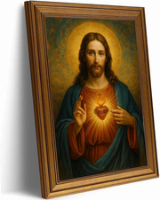 Vintage Gold Framed Wall Art 9x11 Inch Sacred Heart of Jesus Paintings Pictur... picture