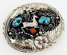 Vtg SSI Western Belt Buckle Silver Tone Floral Scroll Hunting Deer Southwest picture