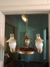 Vintage Wooden Wagon Wheel And Brass Three Light Chandelier With Frosted Shades picture