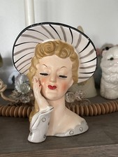Vintage Napco 1956 Lady Head Case/Planter C1776C Striped Hat Gray Dress Gems picture