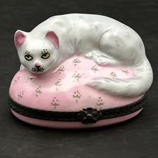 Limoge Trinket Box Peint Main France - Grey Kitten on Pink Beautiful flawless picture