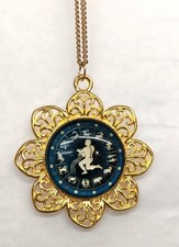 Delightful Petaled Rim Blue & White Aquarius Zodiac Sign Cameo Goldtone Necklace picture