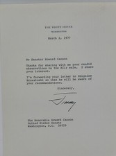 Jimmy Carter Signed White House Letter To Sen Howard Cannon Kfir Sale picture