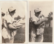 (2) 1920s Vintage photos of a nurse and a newborn outdoors, found photos picture