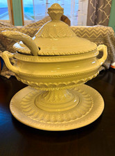 11 Qt White Glazed Ceramic Embossed Oval Soup Italian Tureen w/ Lid Spoon Stand picture