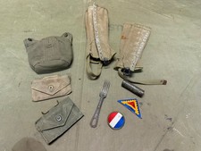 ORIGINAL WWII US ARMY INFANTRY GEAR LOT, LEGGINS, CANTEEN COVER, FORK KIT LOT picture
