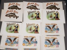 Vtg Lot of 12 Early 1900s Cigar Box Labels - Wizard, Bass, Wide Awake - SECONDS picture