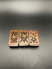 Vintage Set of 3 Carved Wood Trinket Boxes Brass Fairy Pixie Hinged Lids picture