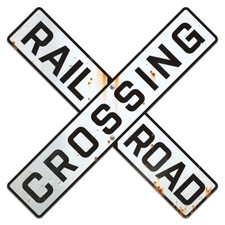 Distressed RAILROAD CROSSING Metal Sign Old Classic Train, Man Cave Wall 35”x35” picture