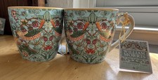 NEW S/2 William Morris Fine China Coffee/Tea Mugs - Strawberry Thief - Turquoise picture