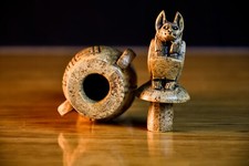 RARE ANTIQUE ANCIENT EGYPTIAN Pharaonic Vase Seated Anubis Magic Hieroglyphic picture