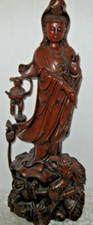 KWAN - YIN AND ACOLYTE CHILD AGED RED SANDALWOOD 24'' SCULPTURE picture