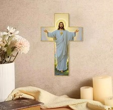 ⁠30cm Vintage Wooden Wall Cross Nativity Scene Religious Christmas 2D Decor picture