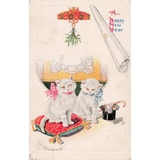 New Year Postcard RPPC Style White Kittens Top Hat Embossed 1c Antique picture