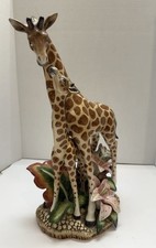 Vintage Fitz & Floyd Mother Baby Giraffe Figurine Statue With Pink Lilies 15” picture