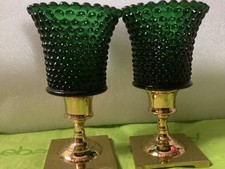 Candle Holders Votive Cups Glass Emerald green Colored Pair Retired. picture