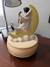 1979 Schmid Porcelain Pierrot Clown on Moon Music Box - Plays Send in the Clowns picture