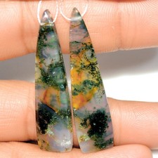 32 Cts Natural Green Moss Agate Cabochon Gemstone Side Drill Pair 40x10mm #P1123 picture