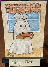 ACEO Art Card Original Watercolor Ghost Baking Pumpkin Pie 2.5