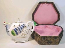 Vintage Chinese Figural Peacock Tangshan China Teapot Hand-painted W/ Lined Case picture