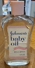 Vintage 1960s Johnson’s Baby Oil 4 oz Glass Bottle Lanolin Enriched Pink Cap FS picture